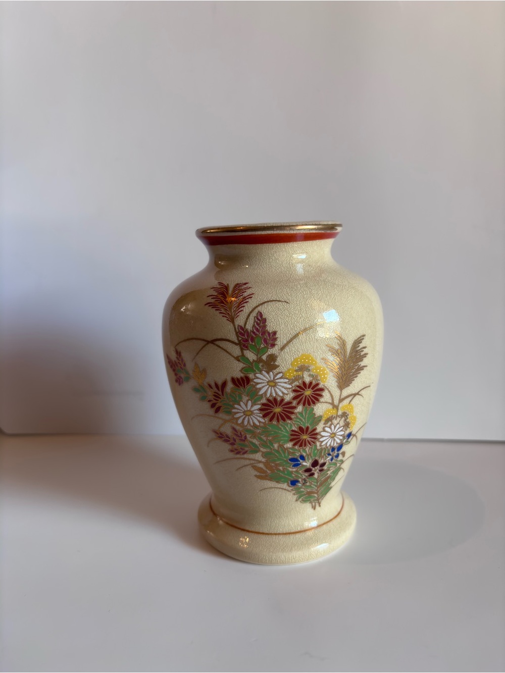 Vintage Japanese Satsuma Ware Floral Chrysanthemum Vase Crackle Glaze Gilt